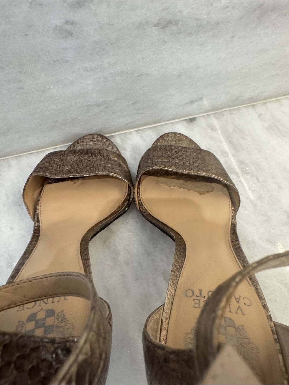Vince Camuto  Metallic Bronze Gold Strappy Open-Toe Heels 8 - Picture 8 of 11